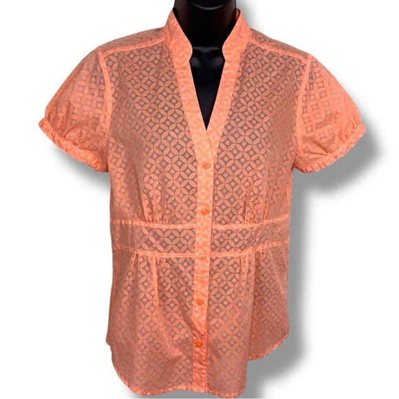 Small Attention Orange Peach Short Sleeve Blouse  Collared Boho Print Semi Sheer - Picture 1 of 12